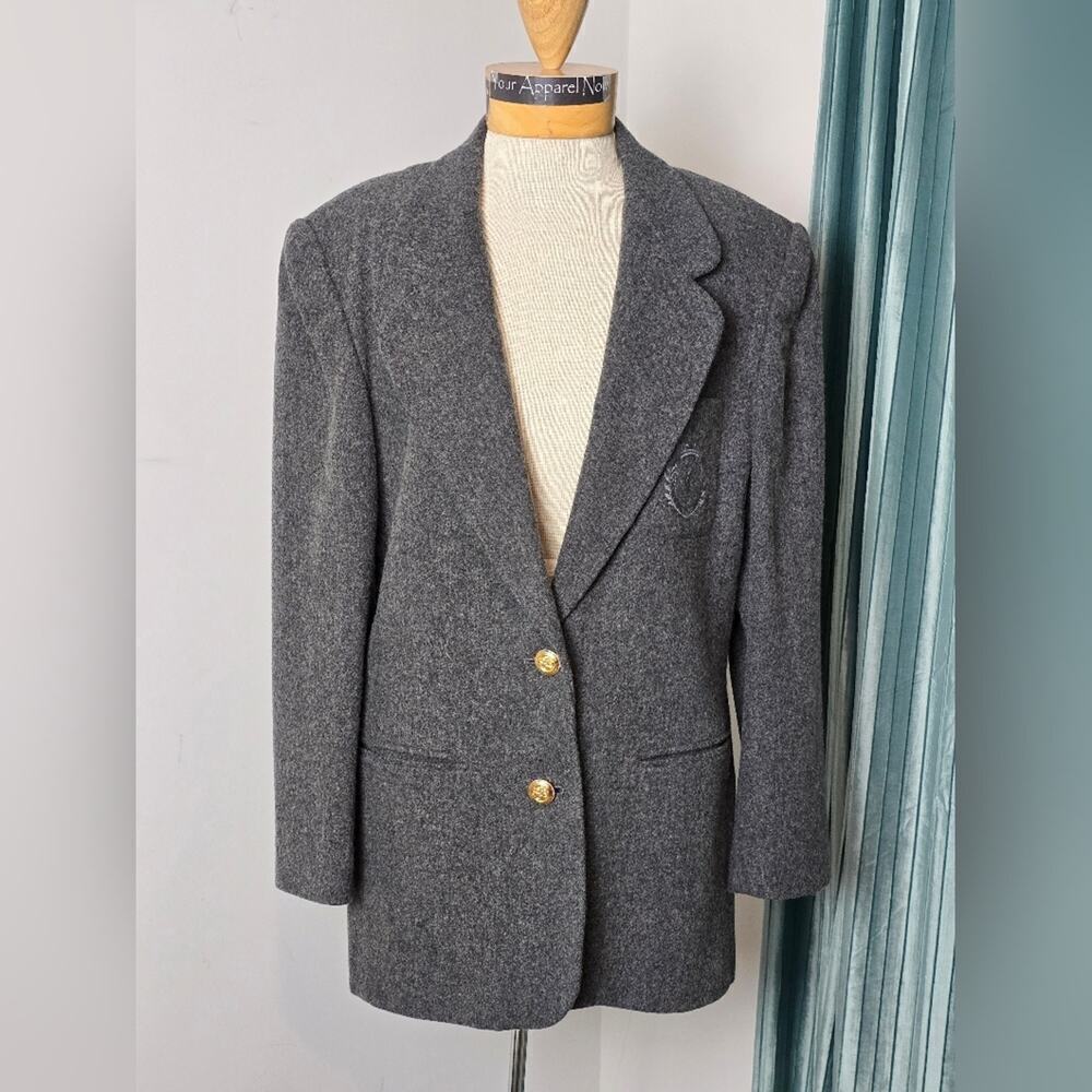 CCF Gray Women's Long Blazer Jacket Padded Gold Buttons Vintage Sz 14 (599)
